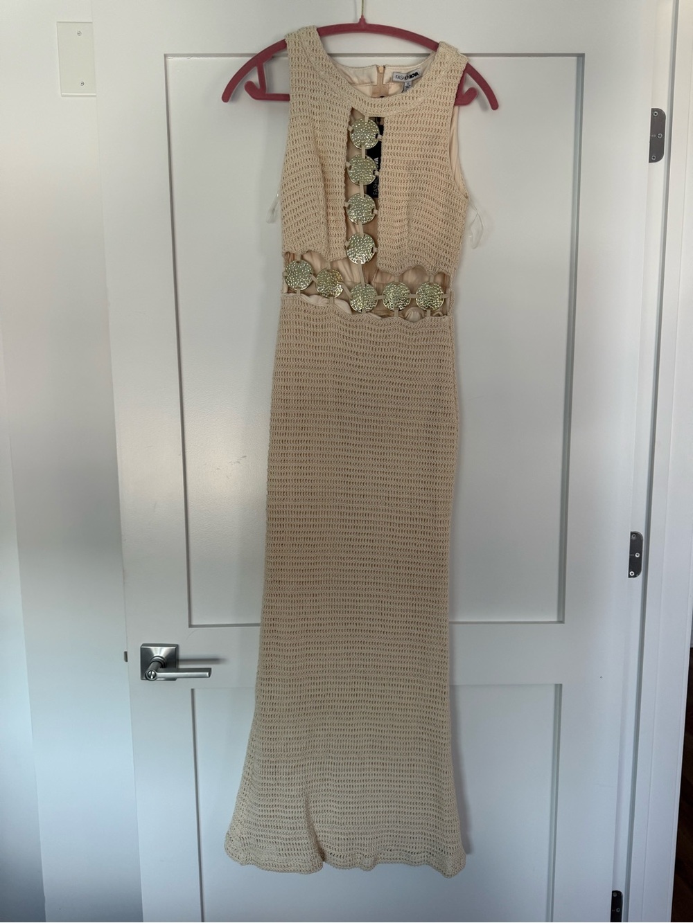 Fashion Nova Cream Crochet Maxi Dress with Gold Disks